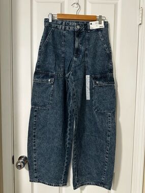 Relaxed Blue Denim Washed Cargo Jeans for Women